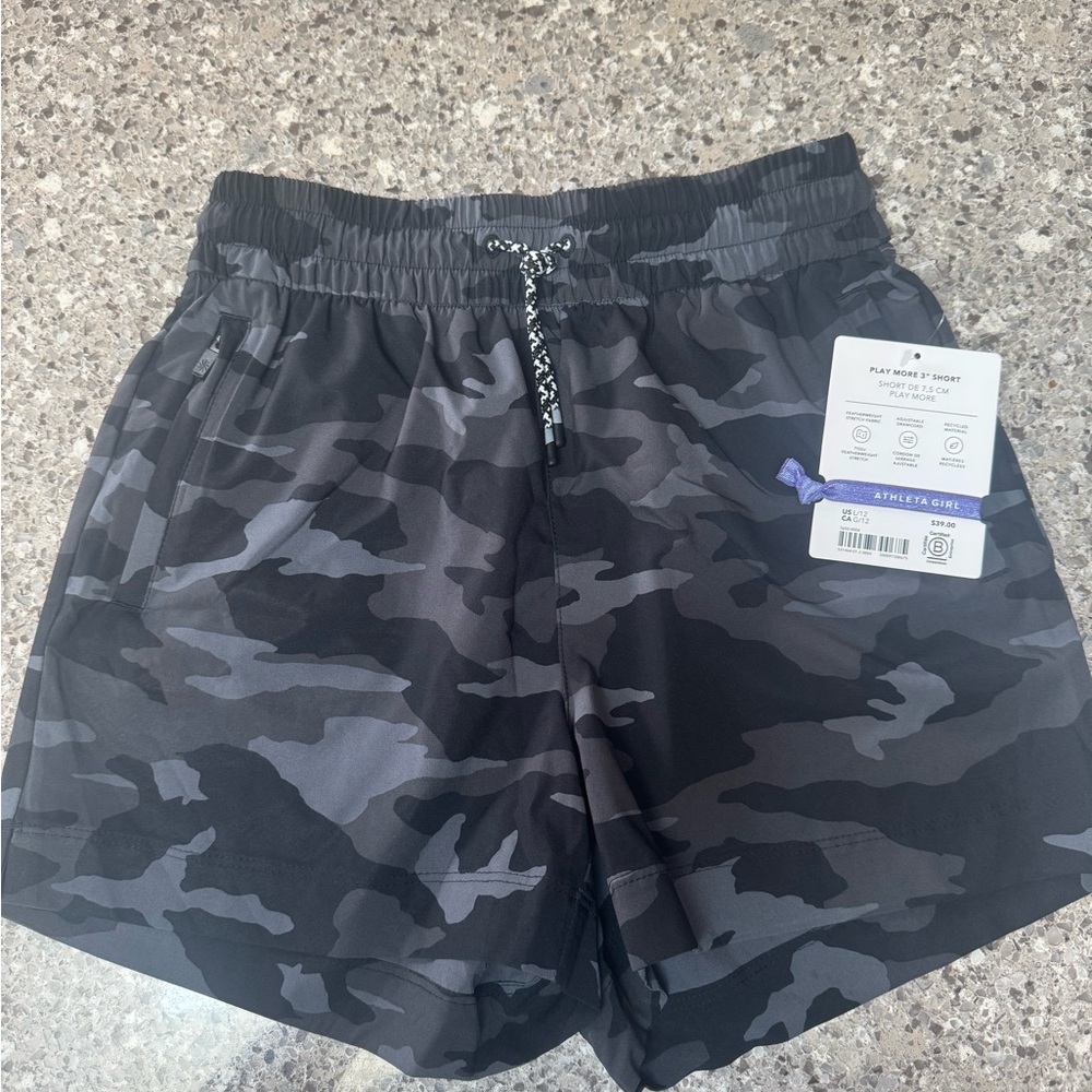 Athleta Girl Play More 3” Shorts, Black and Gray Camo
